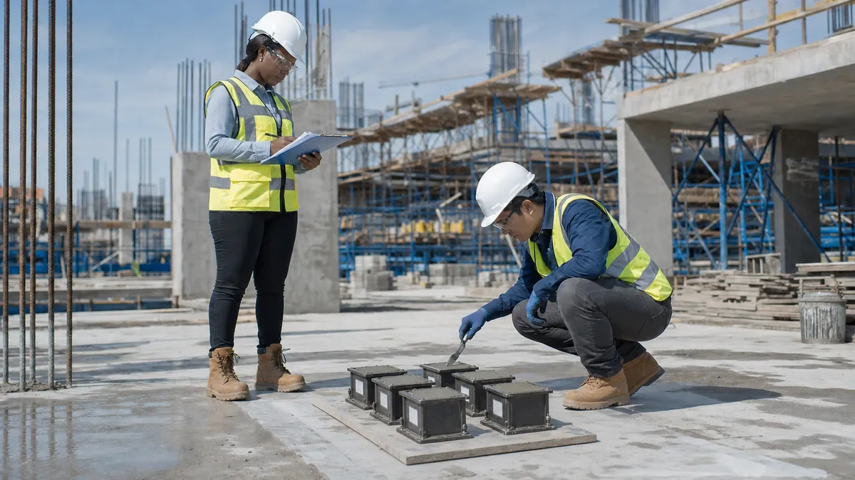 Construction quality auditors inspecting documents and freshly cast concrete cube samples on site