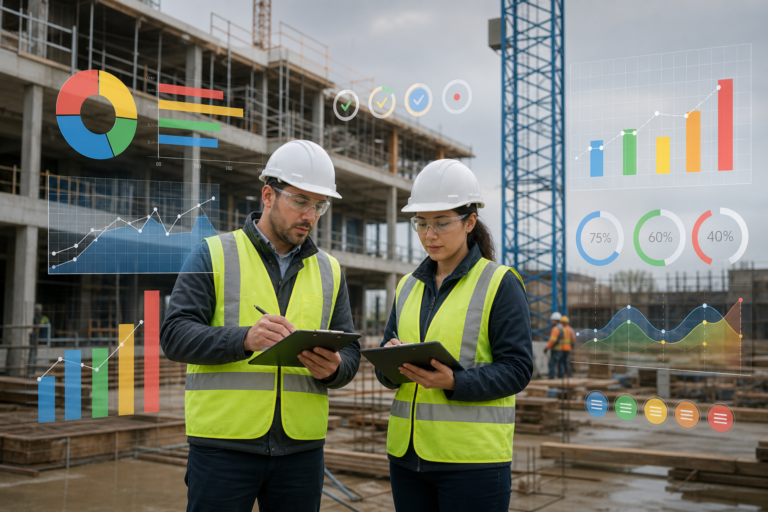 Construction engineers assessing site quality using inspection data and performance charts