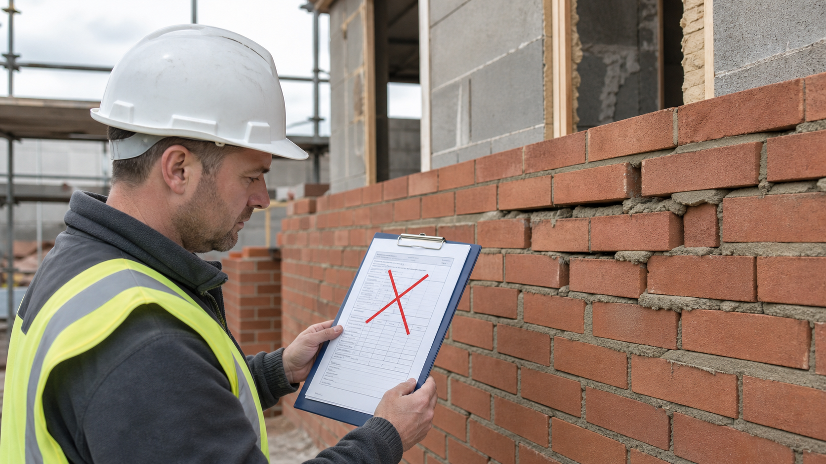 Construction worker inspecting faulty brickwork while reviewing a non-conformance report marked with a red X. NCR in construction