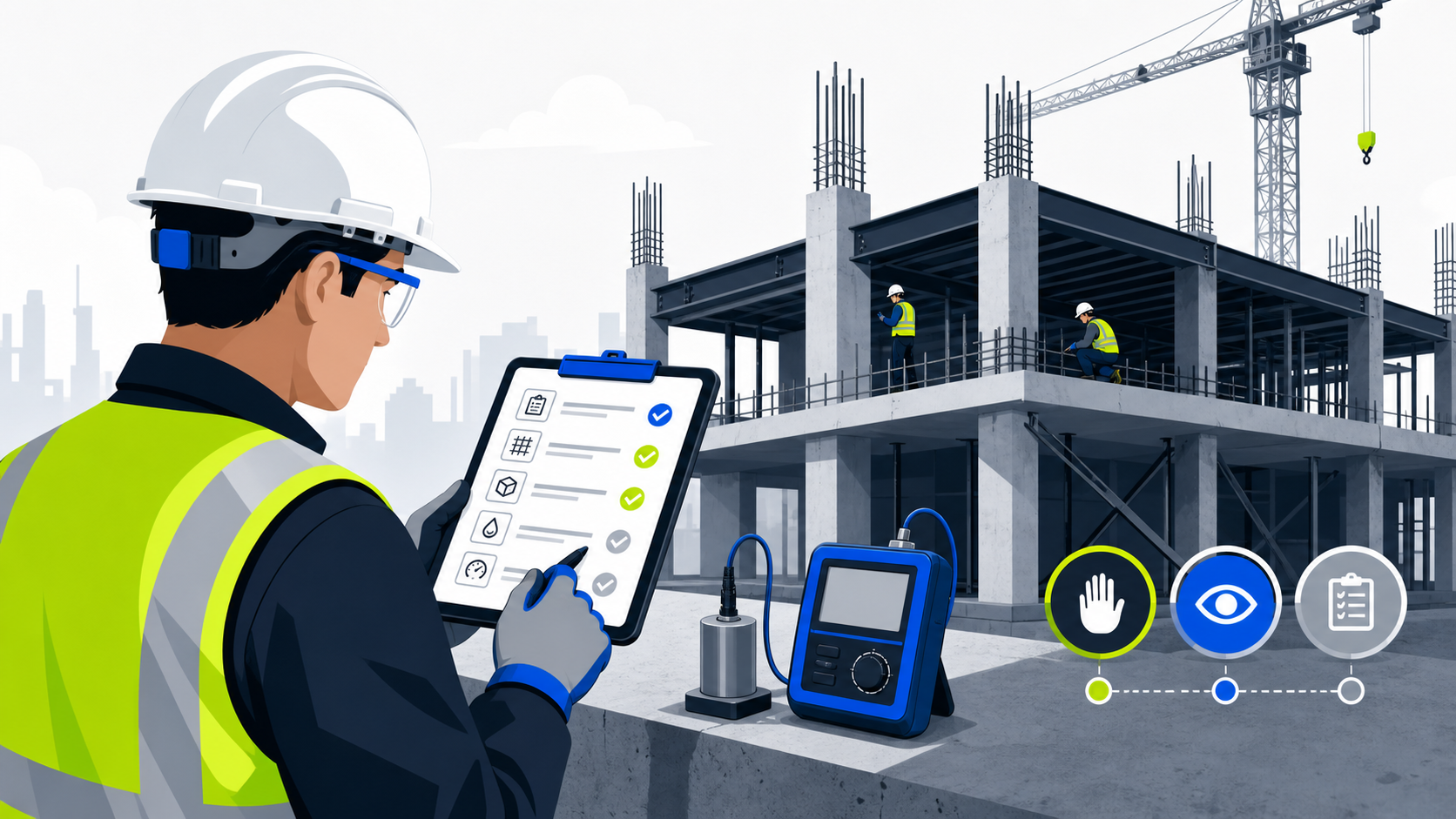 Construction quality inspector reviewing an Inspection and Test Plan at a project site.