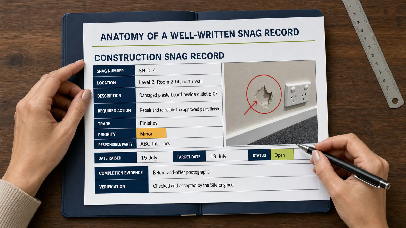 Example of a well-written construction snag record showing the location, defect, required action, responsibility, deadline and verification fields.