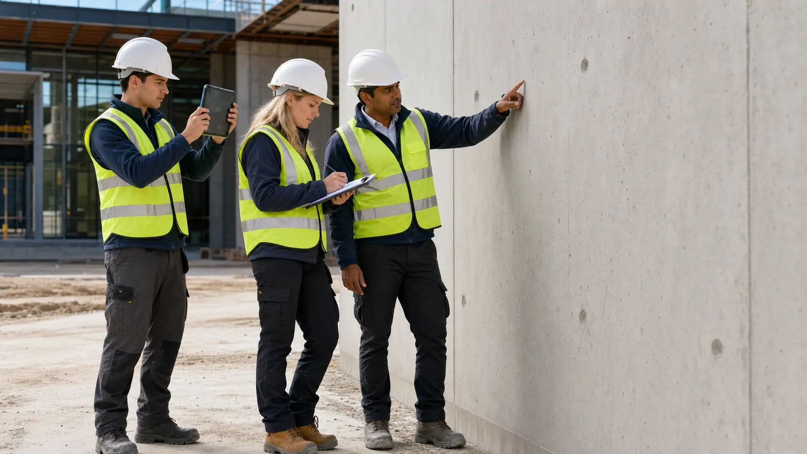 Construction team inspecting a finished concrete wall and recording defects for a construction snag list.