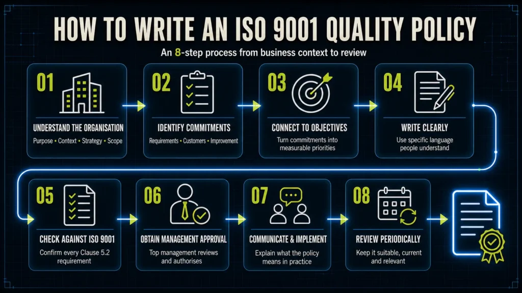 Eight-step infographic explaining how to write an ISO 9001 Quality Policy, from understanding the organisation through approval, communication and review.