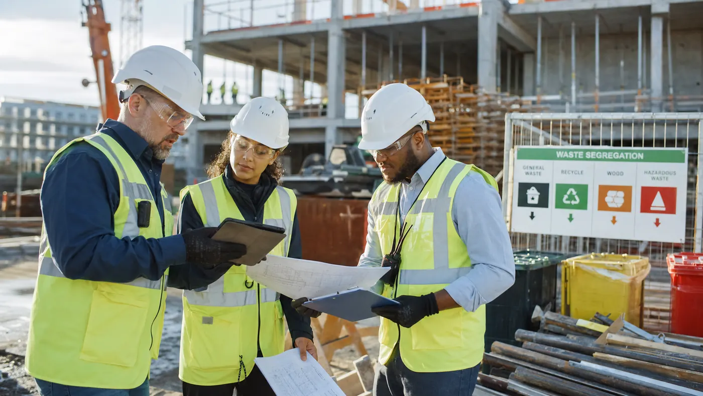 Construction team coordinating quality, environmental and health and safety controls