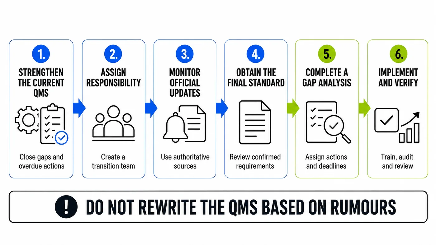 Six-step roadmap for preparing a Quality Management System for the ISO 9001:2026 transition