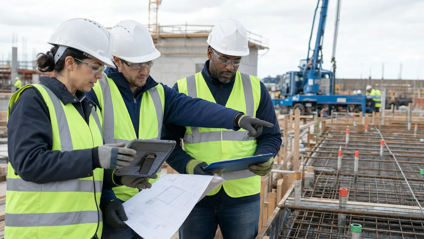 Construction team applying ISO 9001 risk-based thinking during a pre-pour quality review of drawings, inspections and concrete works