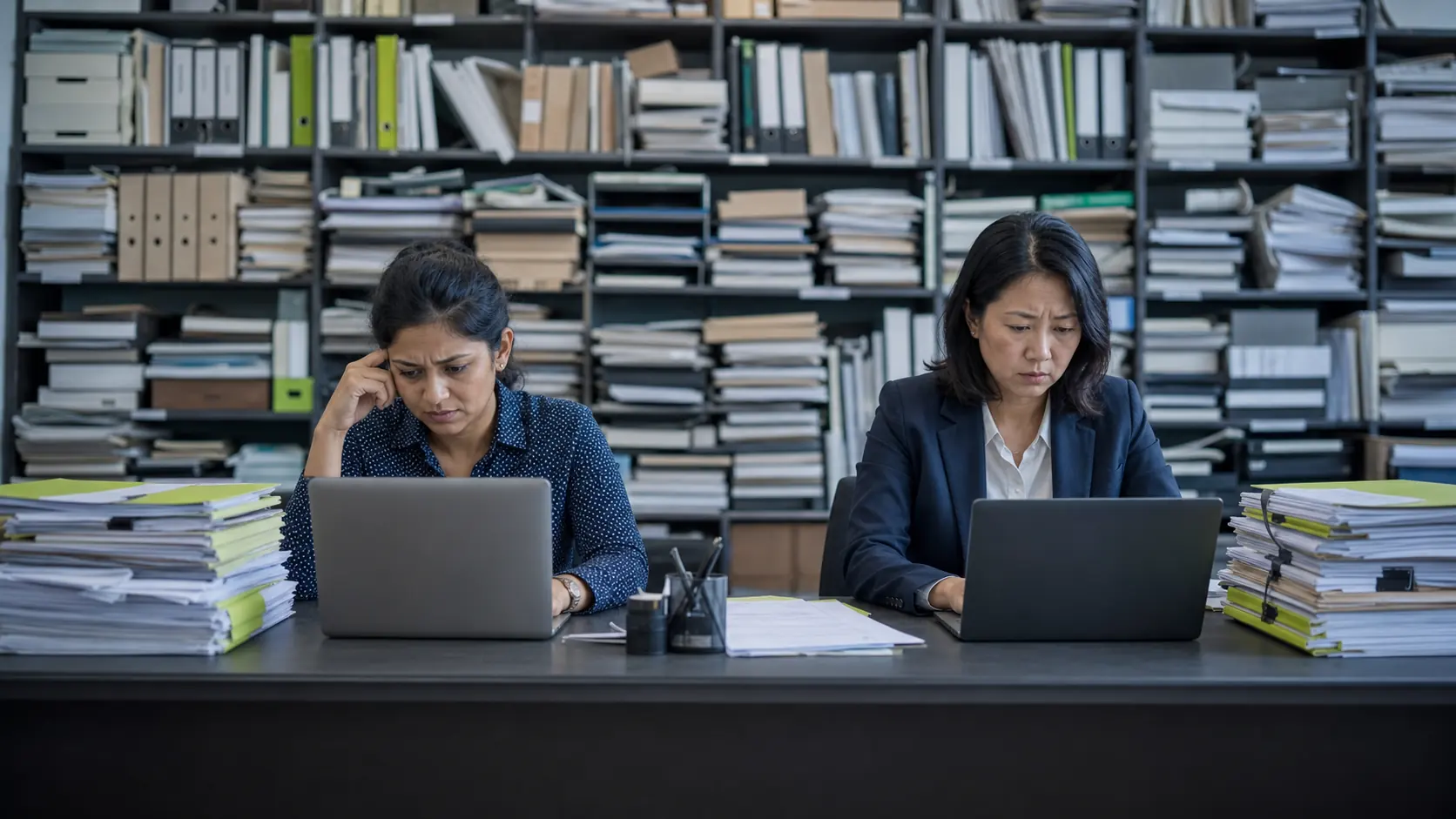 Two employees managing document control and data entry in a disorganised office archive