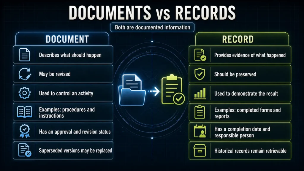ISO 9001 infographic comparing controlled documents with retained quality records