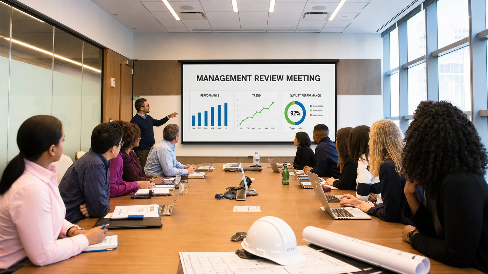 ISO 9001 management review meeting with quality professionals reviewing KPI charts and quality-performance data on a projector screen.