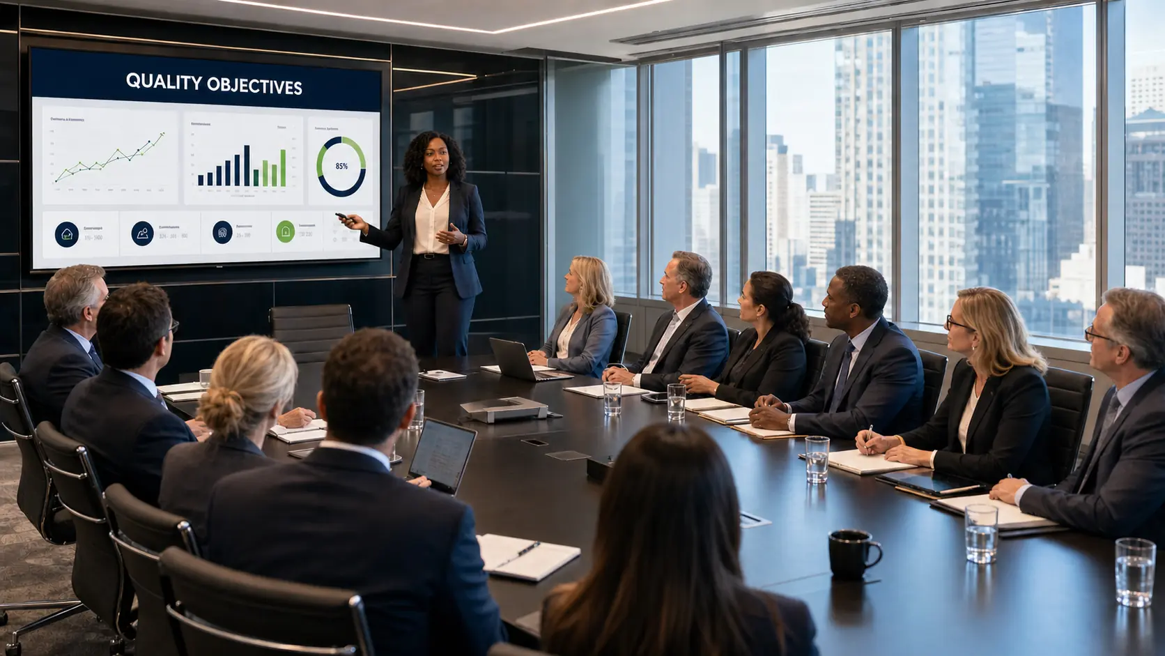 Black female Quality Manager presenting ISO 9001 quality objectives and KPI charts to senior management in a modern corporate boardroom.