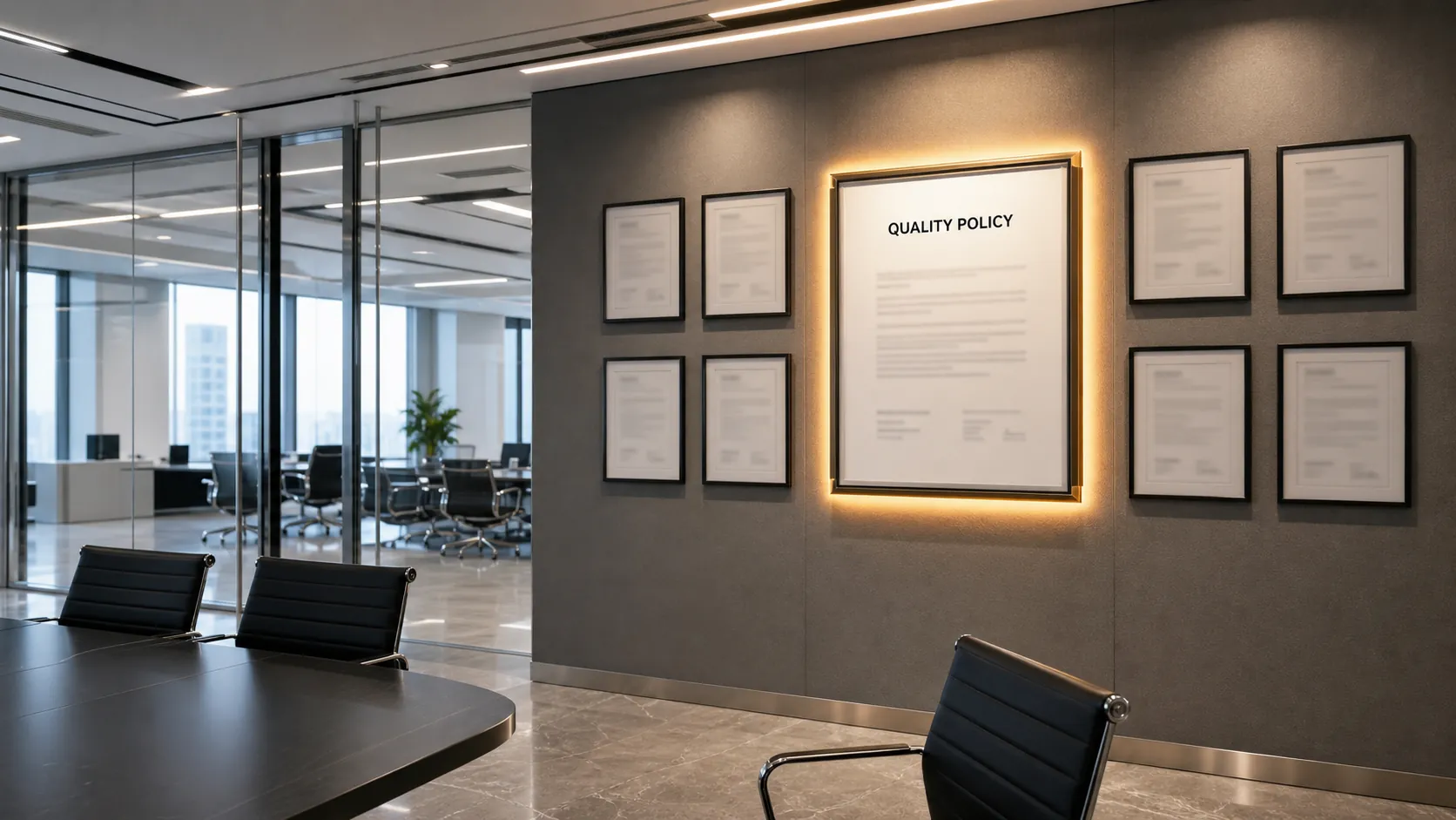 ISO 9001 Quality Policy displayed prominently on the document wall of a modern corporate office.