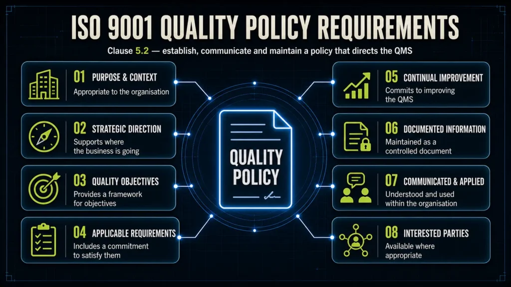 Infographic explaining the eight ISO 9001 Quality Policy requirements under Clause 5.2.