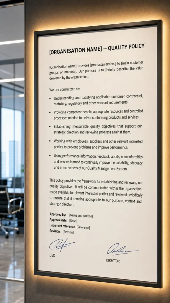 Framed ISO 9001 Quality Policy template with example commitments, approval fields and executive signatures in a corporate office.