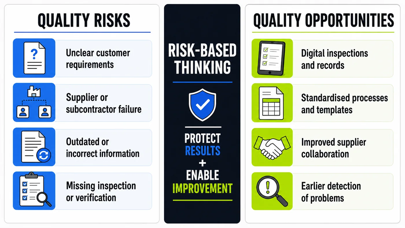 Examples of ISO 9001 quality risks and opportunities including supplier failure, document control, digital inspections and earlier problem detection