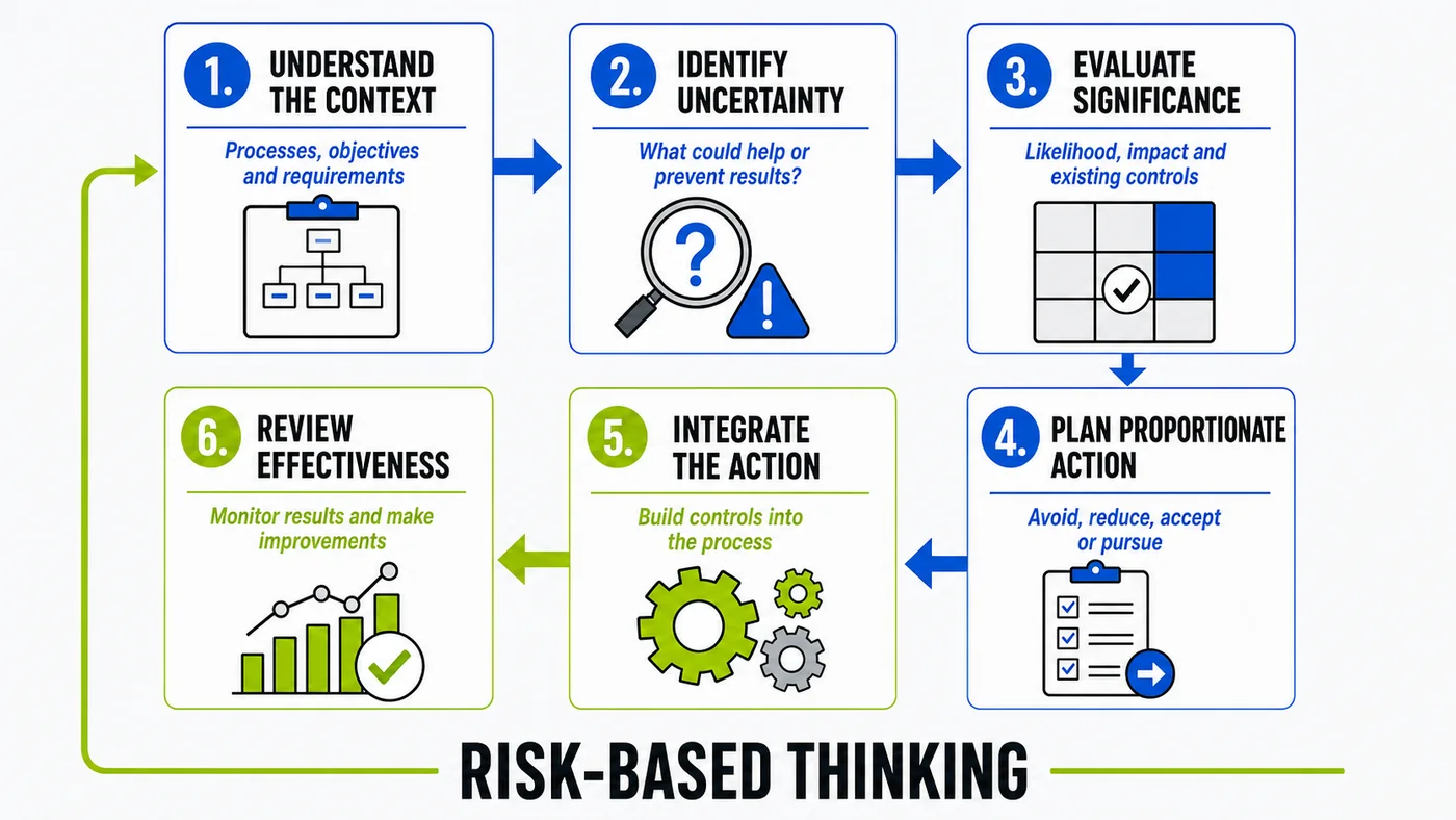 Six-stage ISO 9001 risk-based-thinking process from understanding context to integrating actions and reviewing effectiveness