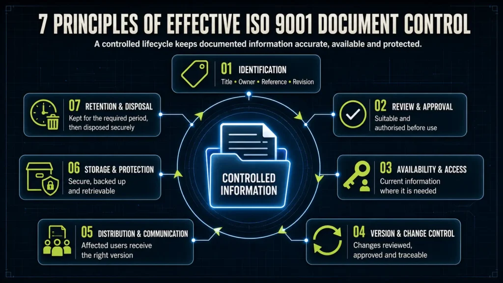 ISO 9001 infographic showing the seven principles of effective document control from identification through retention and disposal.