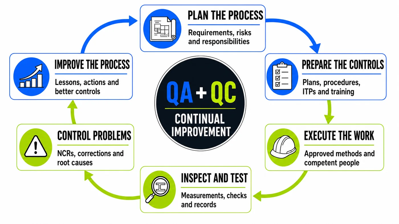 QA and QC continual improvement cycle showing planning, preparation, execution, inspection, problem control and process improvement