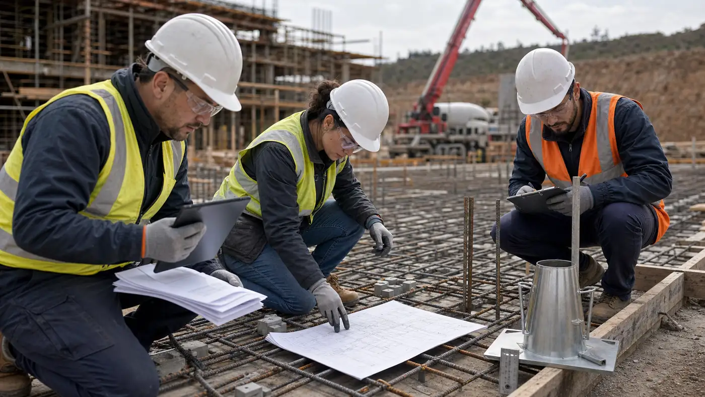 Quality Assurance and Quality Control team preparing for a concrete pour by reviewing documents, inspecting reinforcement and preparing slump-test equipment
