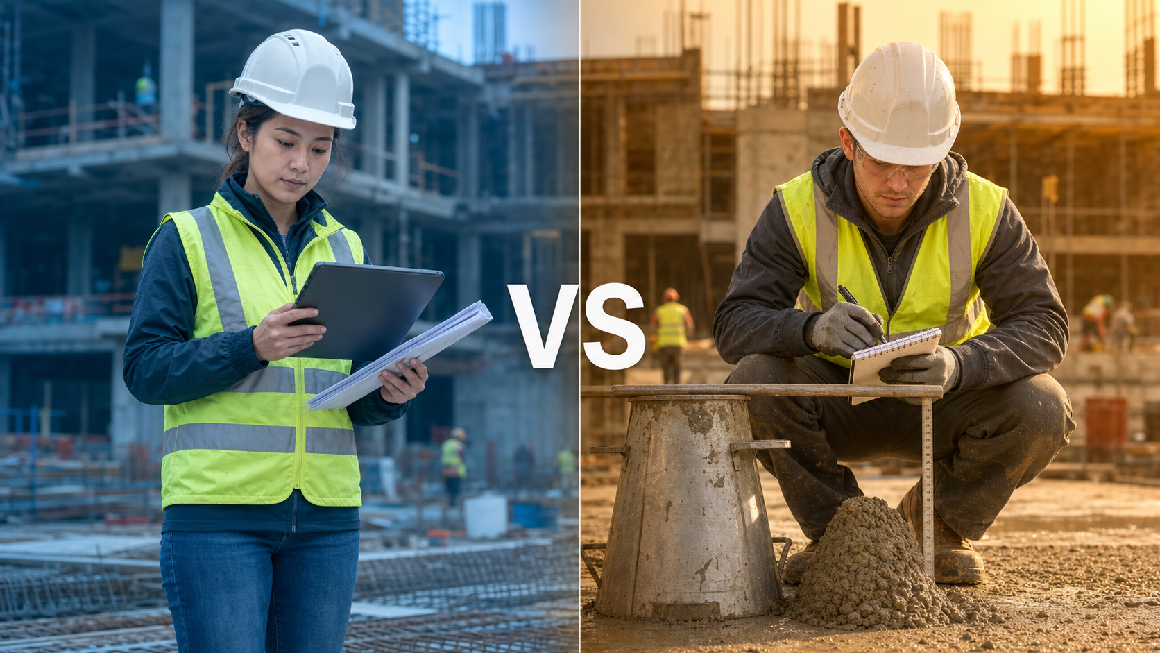Quality assurance vs quality control in construction, with an engineer reviewing documents and another performing a concrete slump test