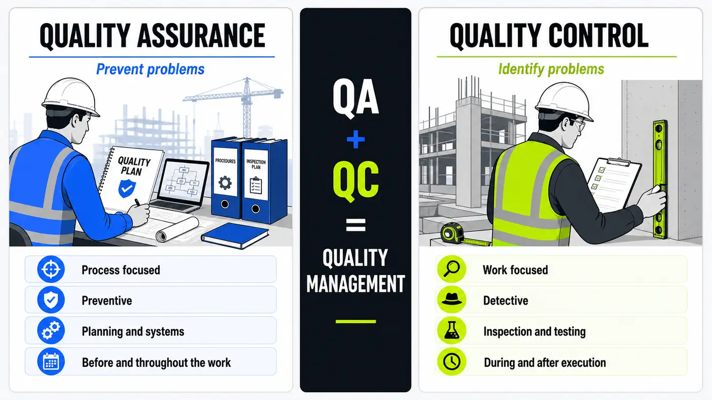 Quality Assurance versus Quality Control comparison showing preventive process planning and construction inspection activities