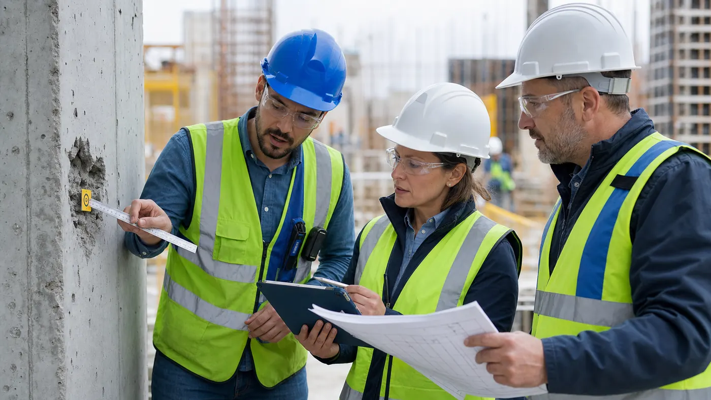 Construction quality team conducting Root Cause Analysis by measuring a concrete defect and reviewing inspection records and drawings