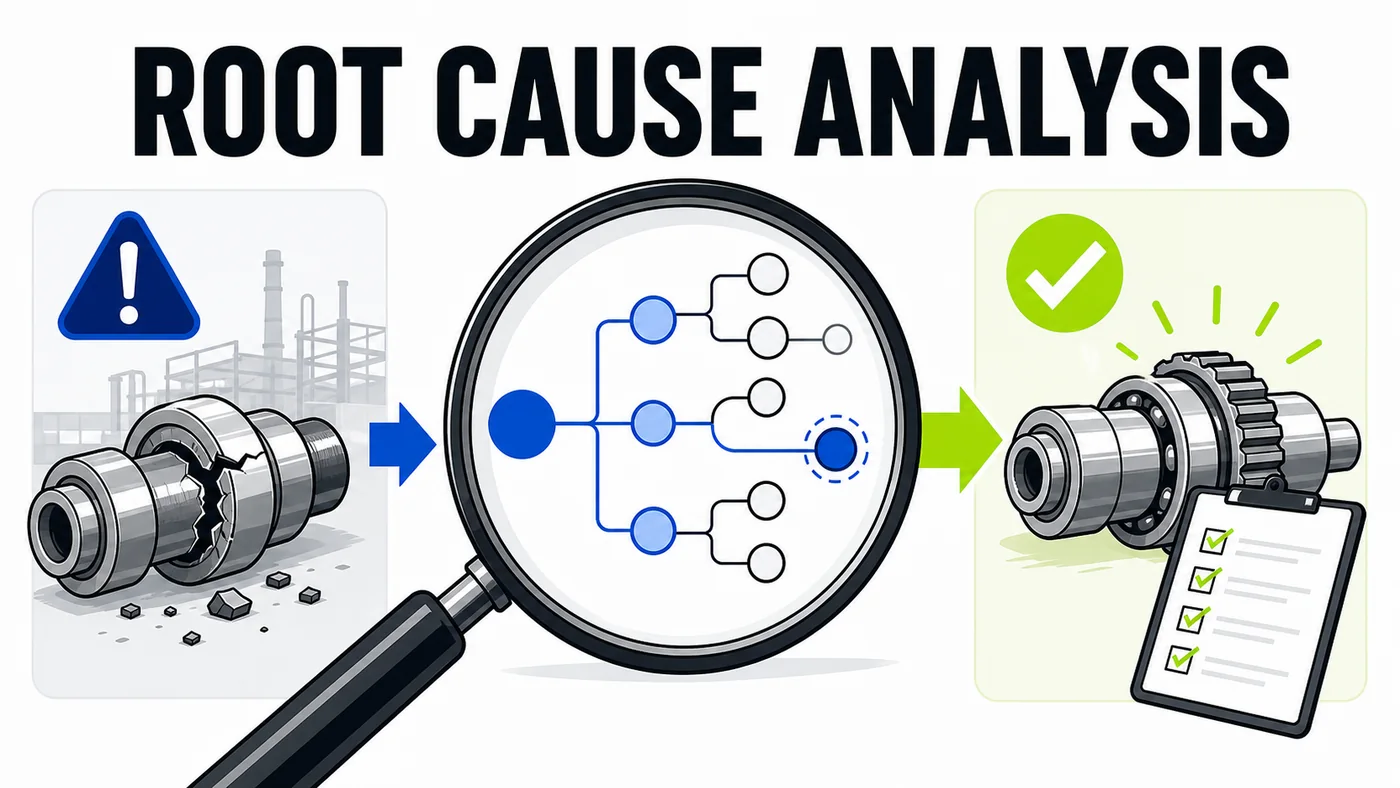 Root Cause Analysis process connecting a quality failure with its underlying causes and verified corrective action.