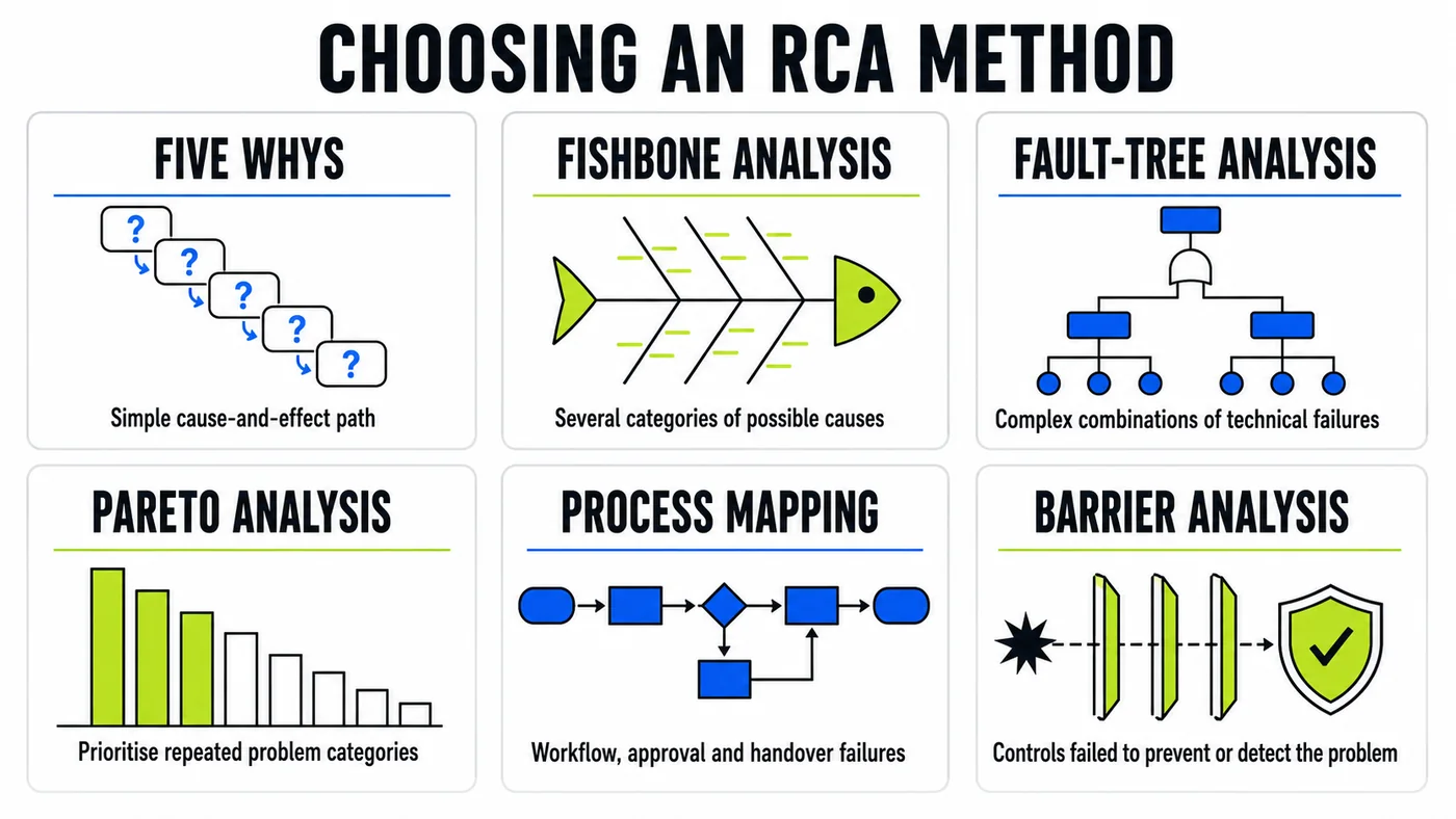 Comparison of Root Cause Analysis methods including Five Whys, fishbone analysis, fault-tree analysis, Pareto analysis, process mapping and barrier analysis